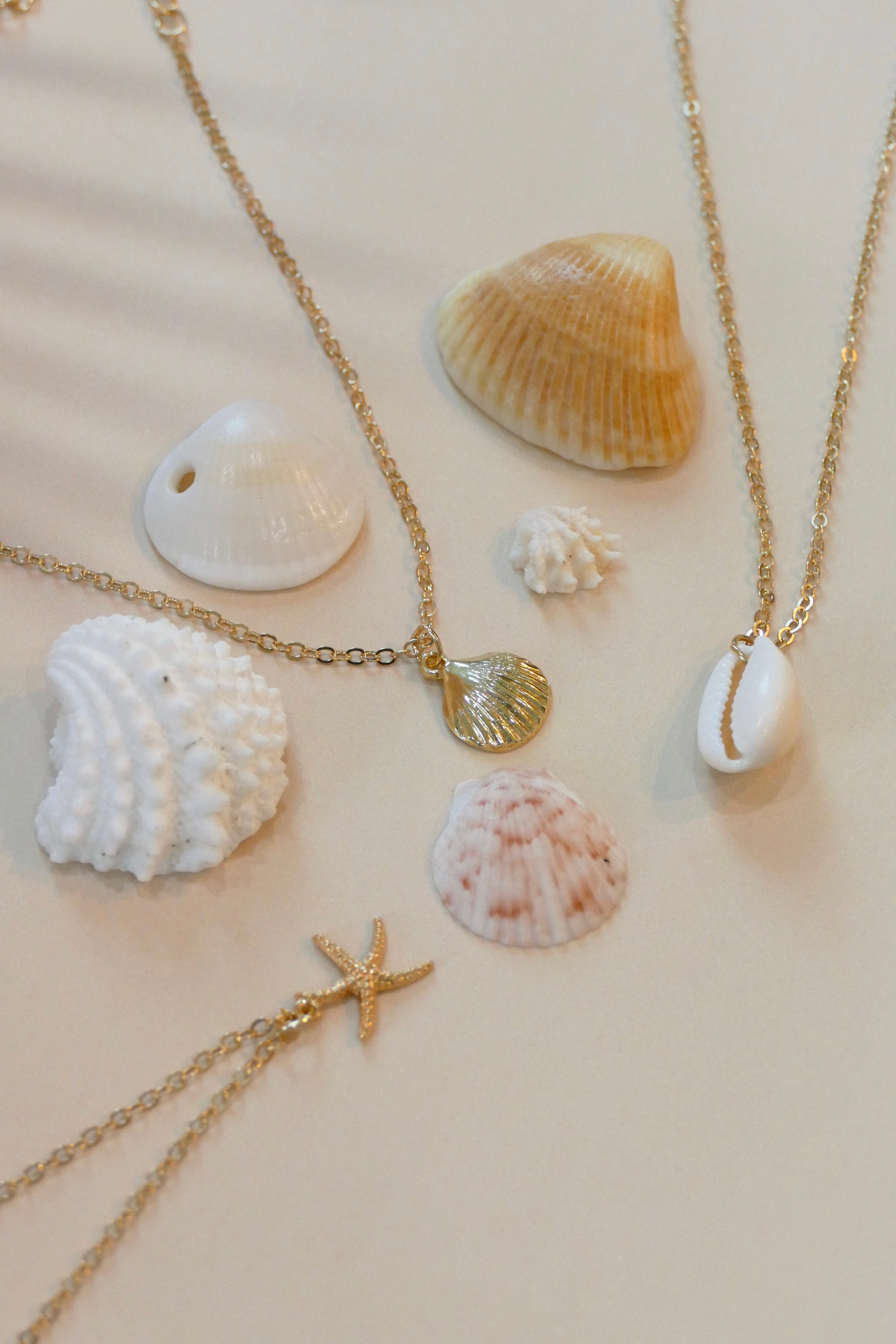Ocean inspired necklaces with sea shells.