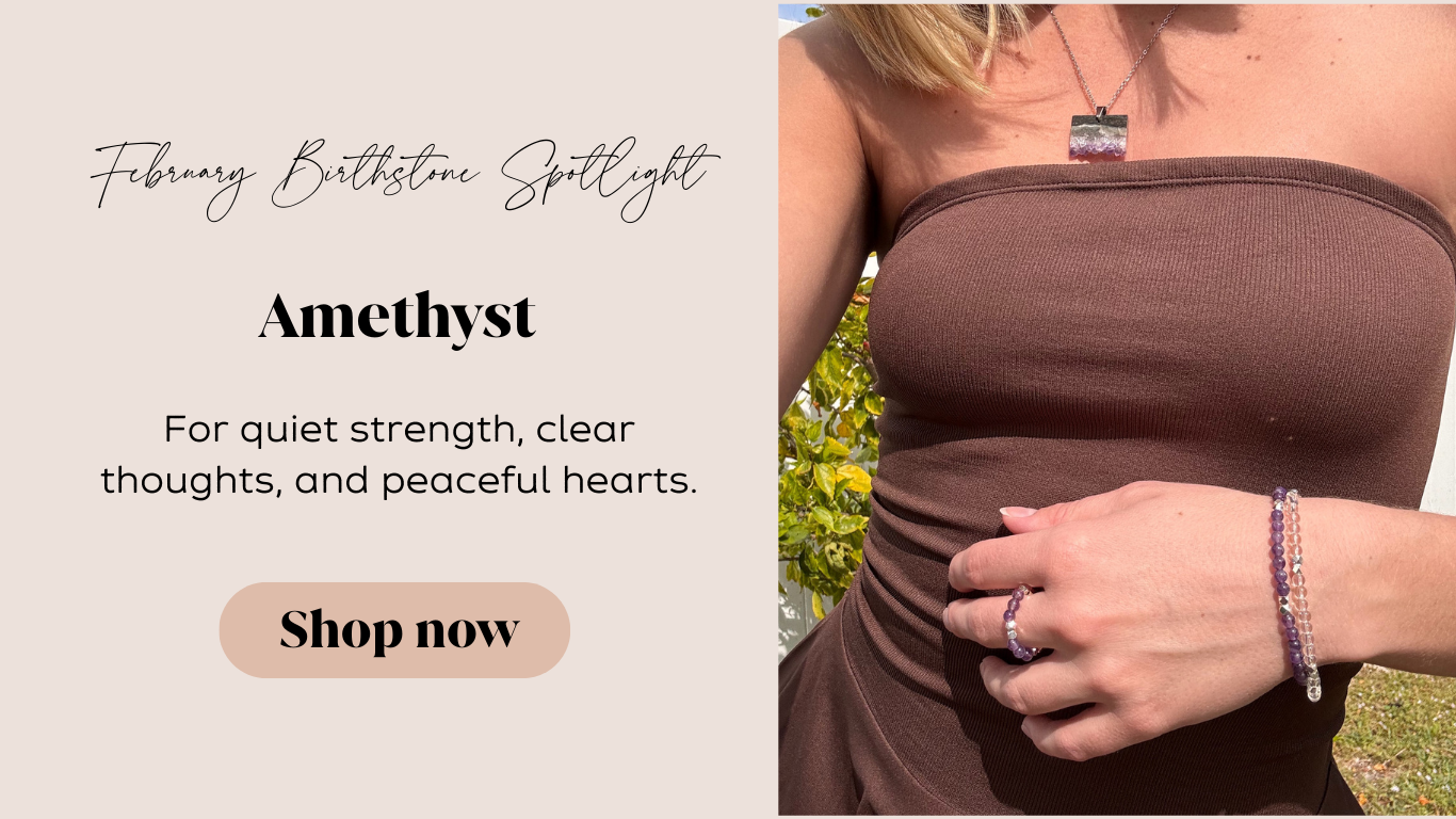 Woman wearing a brown strapless top with jewelry, text about amethyst on the left.