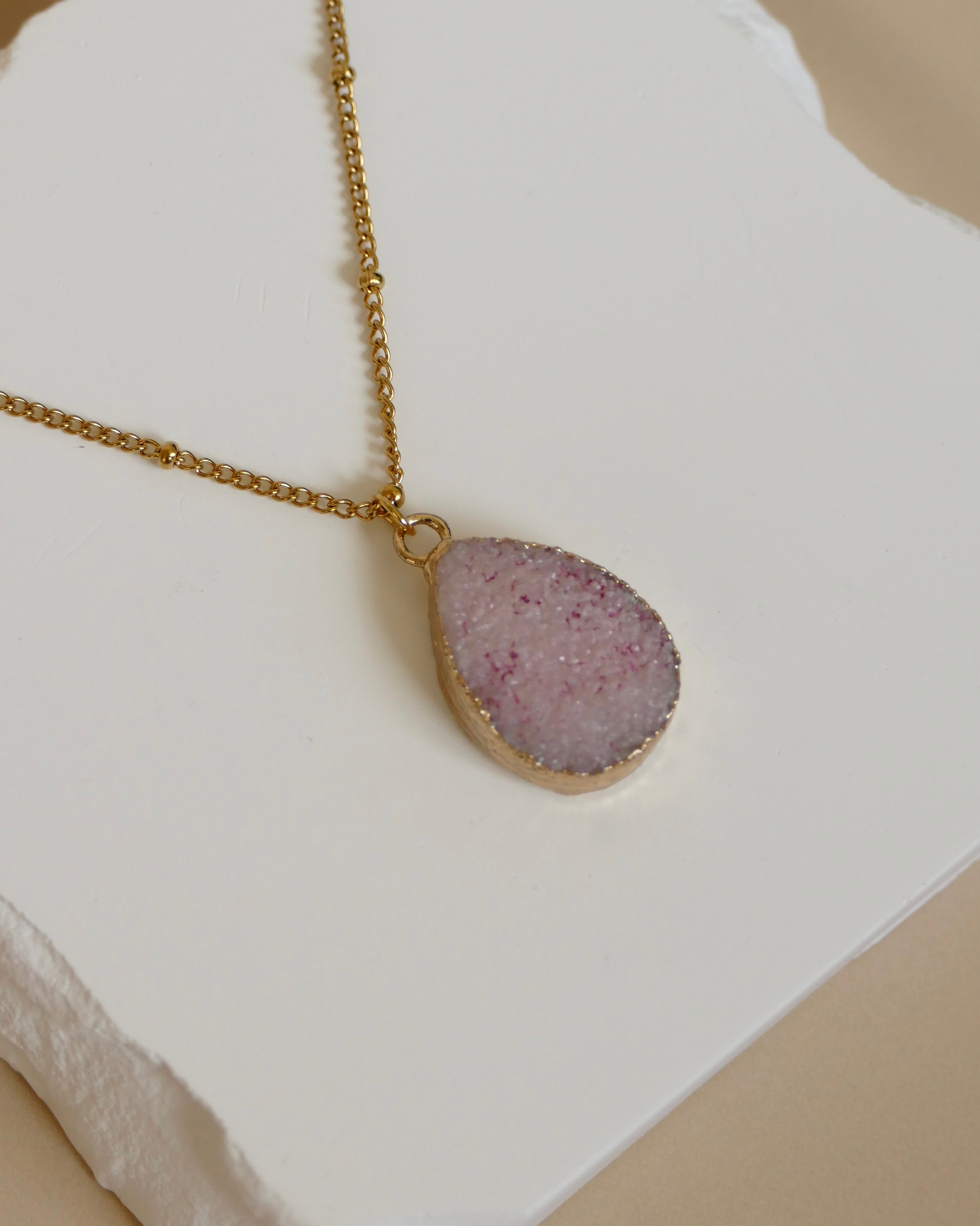 Pink Tiny Druzy Raw Crystal Diffusing Necklace
