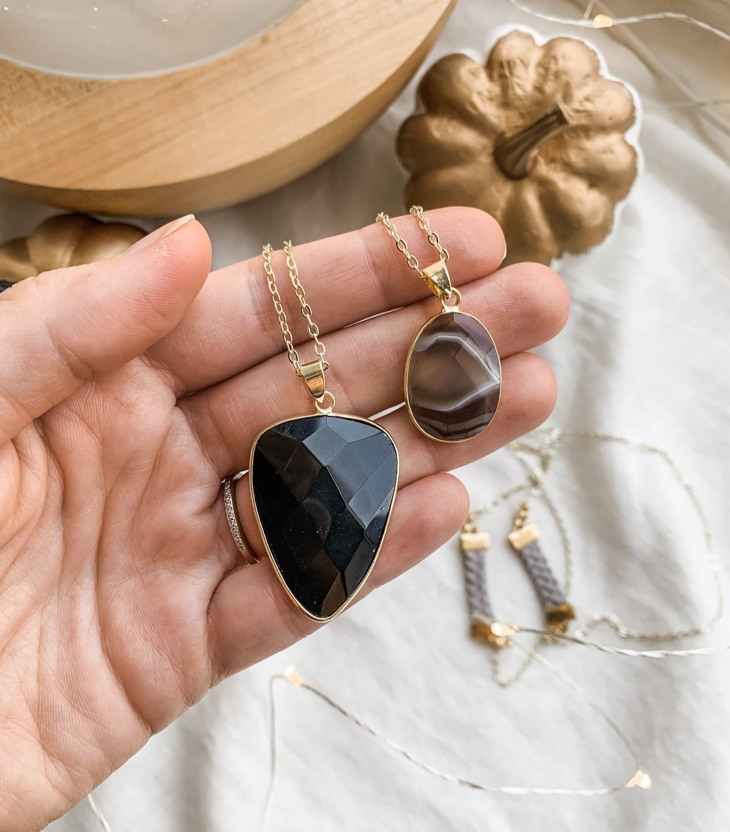 Black Agate Faceted Long Gemstone Diffuser Necklace - Put on Love Designs