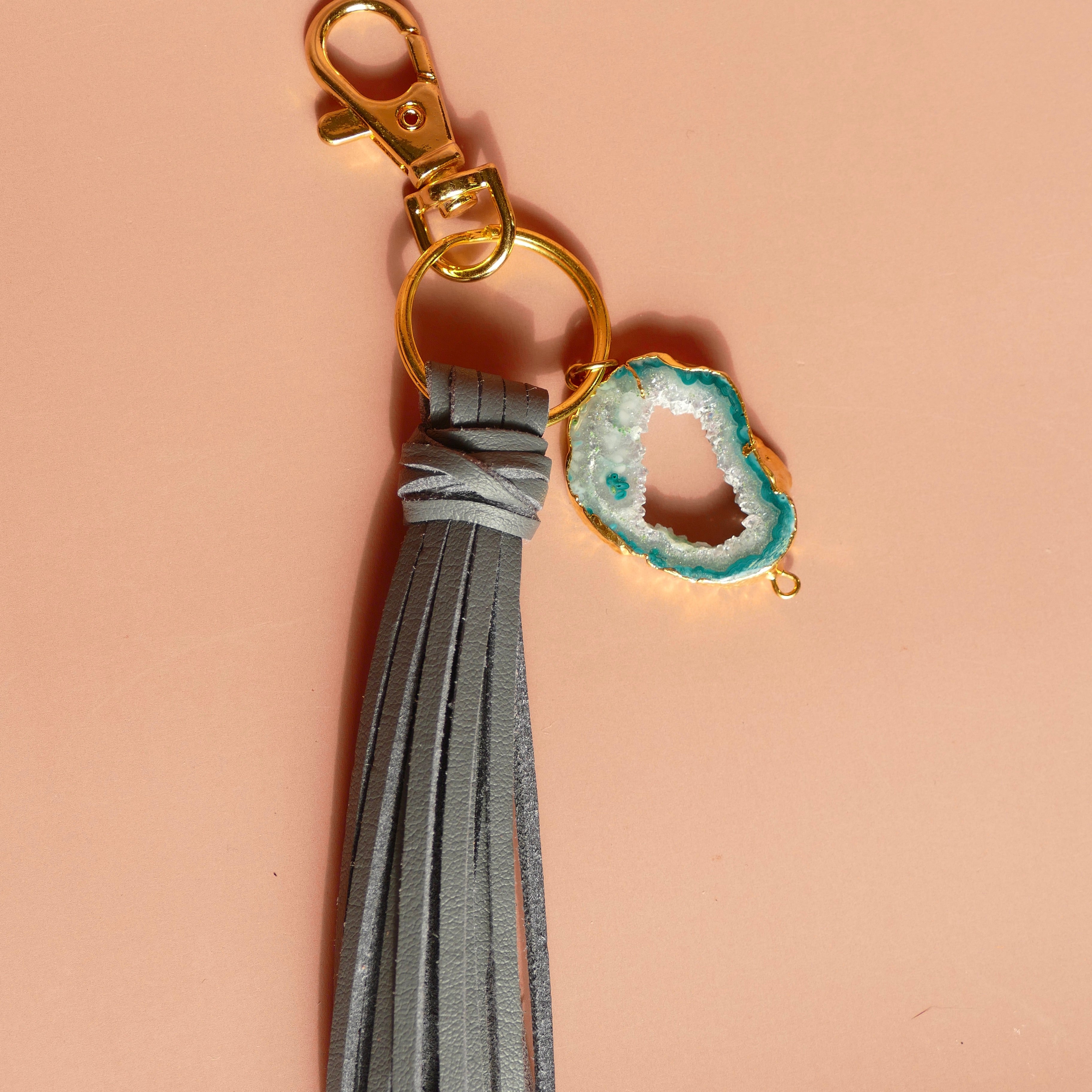 Blue Agate and Faux Leather Keychain - Put on Love Designs