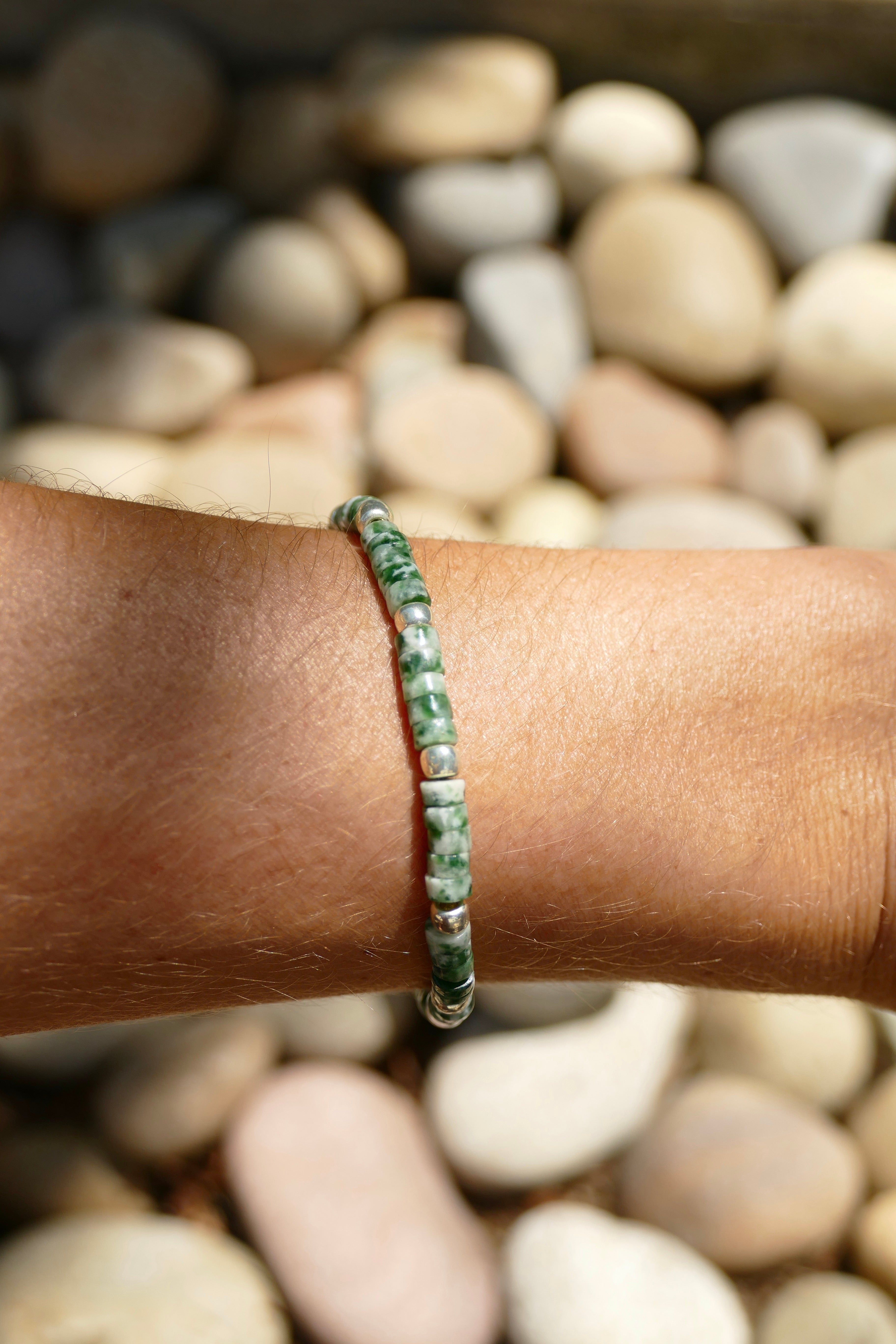 Heishi Bracelet- Green Spot and Silver beads