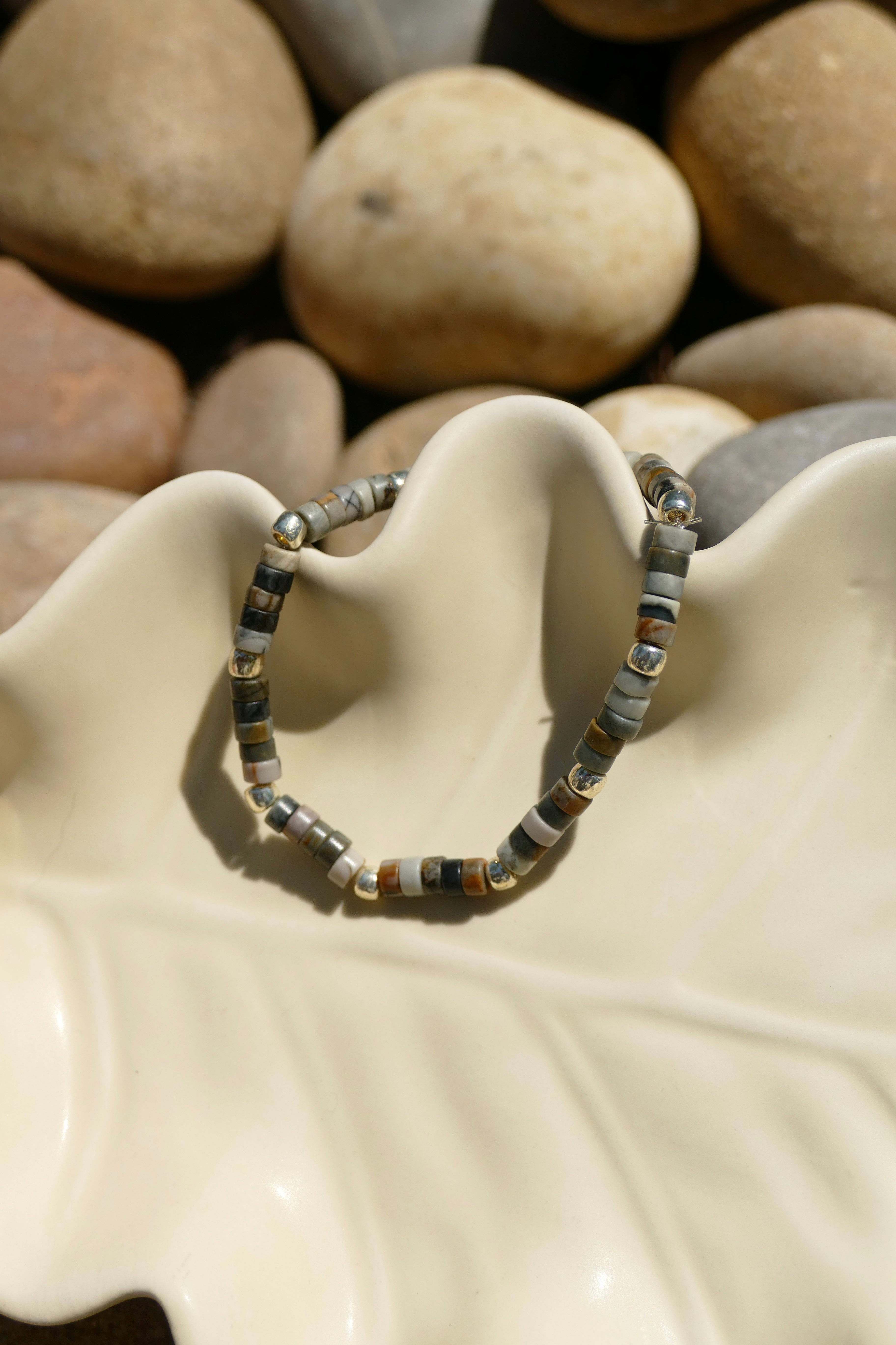Heishi Bracelet- Petoskey and Silver beads