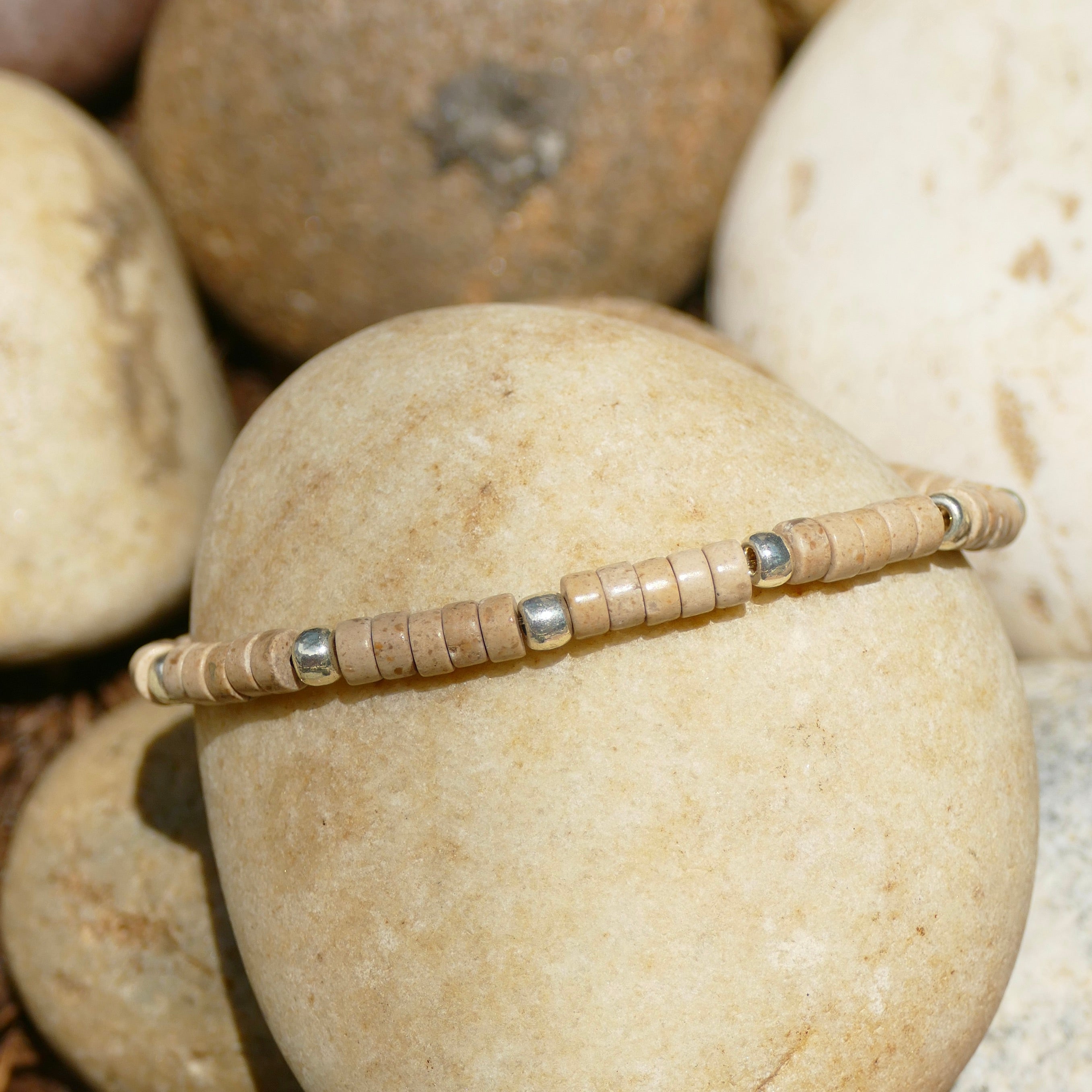 Heishi Bracelet- Gold Stone and Silver beads