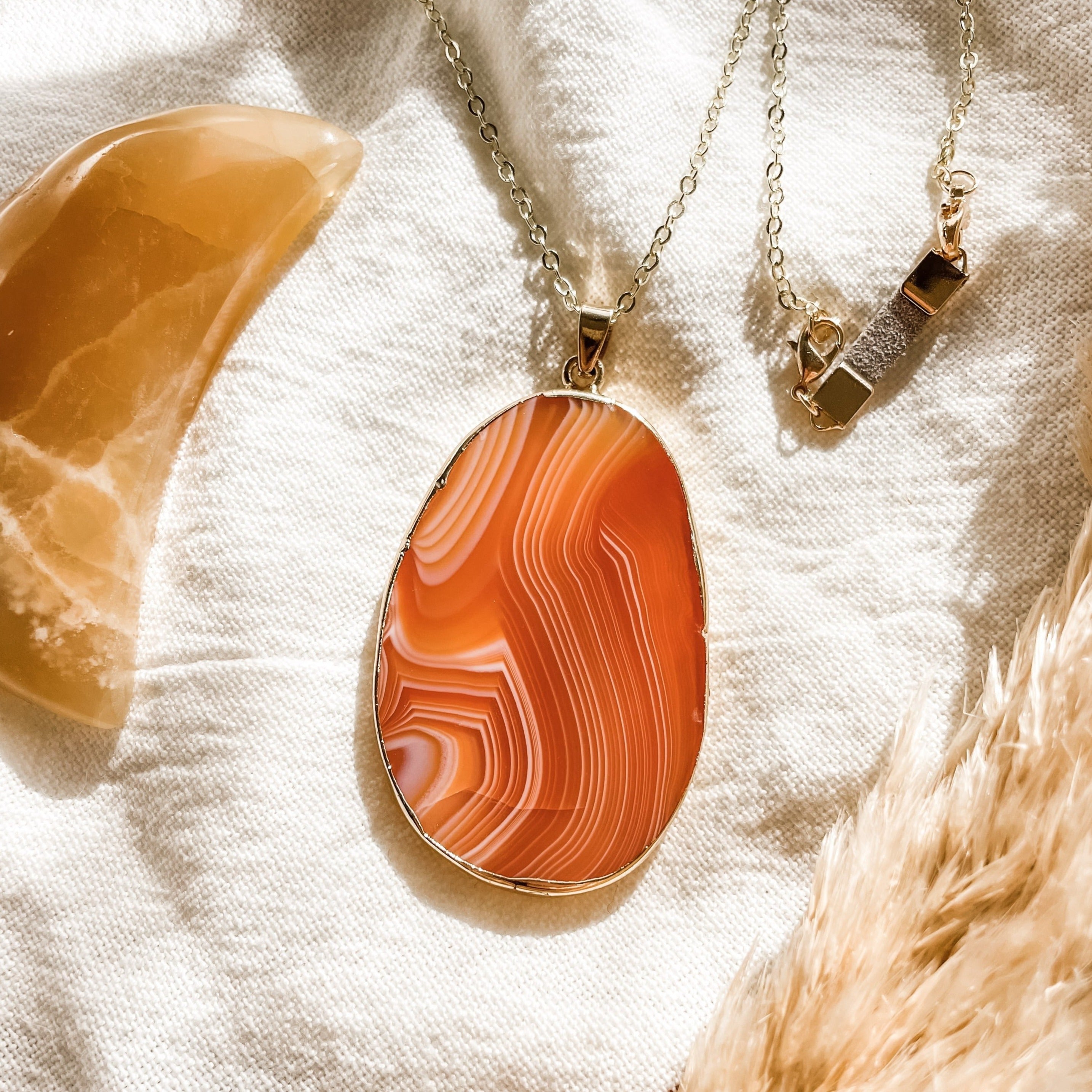 Red Lace Agate Slice Long Gemstone Diffuser Necklace - Put on Love Designs