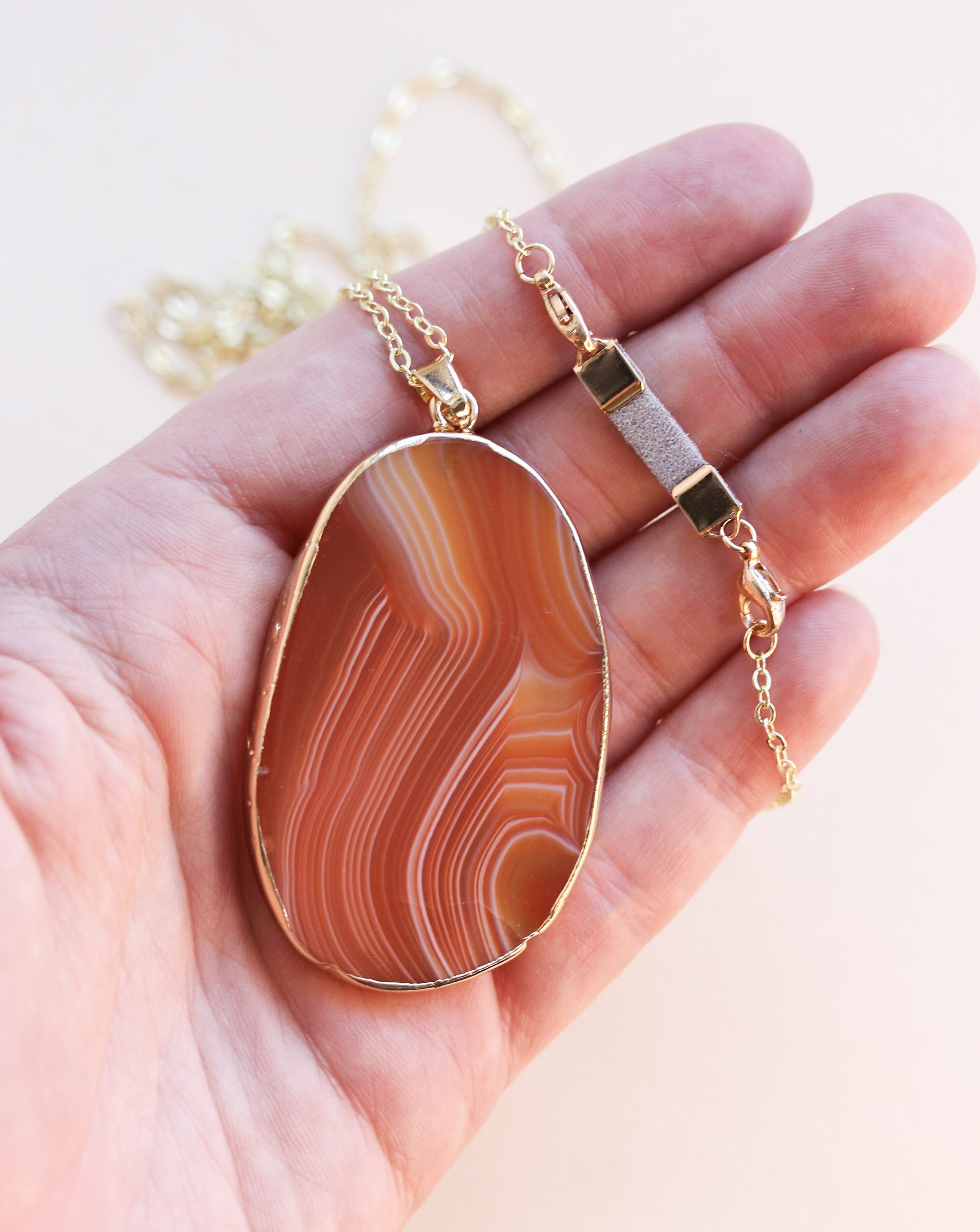 Red Lace Agate Slice Long Gemstone Diffuser Necklace - Put on Love Designs